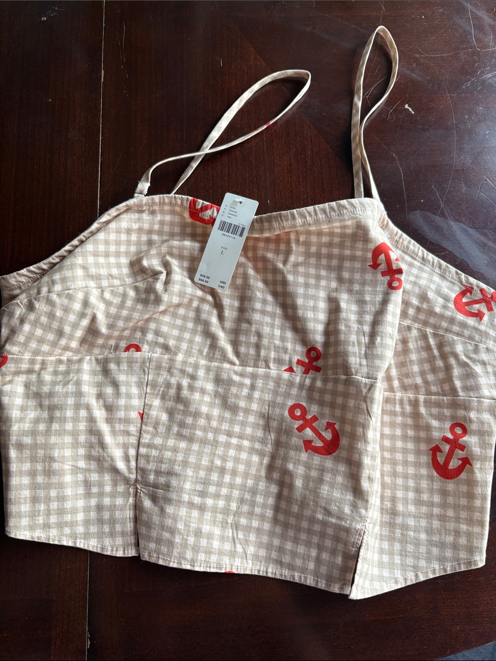 Anthropologie Beige Gingham Cami with Red Anchor Print - Picture 2 of 4